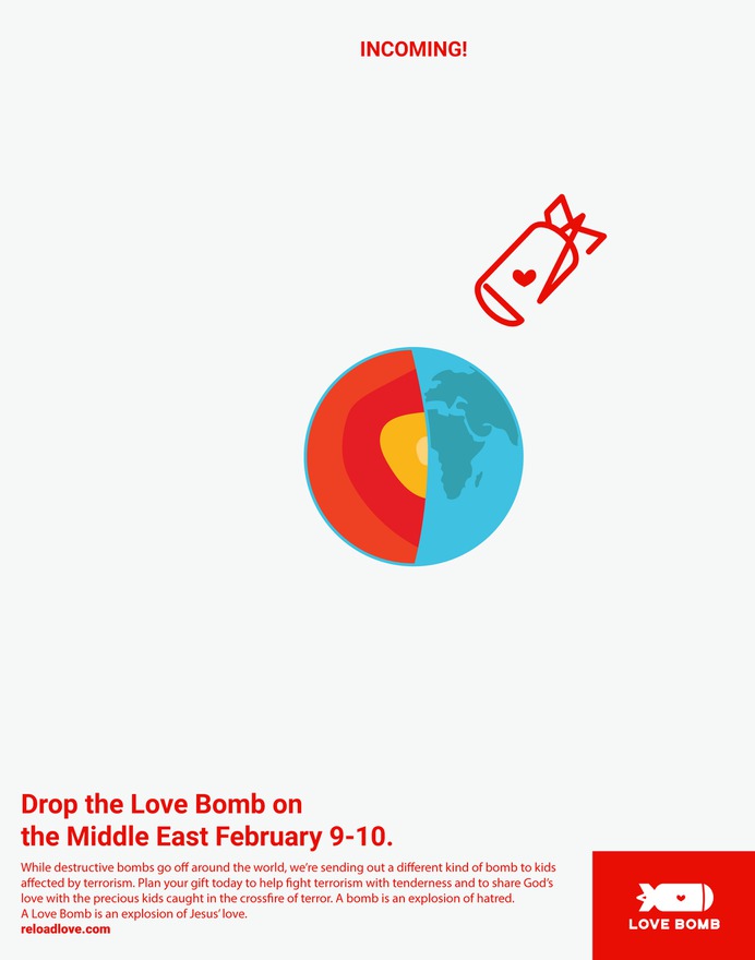 Poster, love around the world. For Love Bomb—a fundraiser that helps kids affected by terrorism around the world | Brand identity, event design, logo and illustration by Brittany Byrne | Copywriting by Francesca Garcia | Color, kids, playground, love + Valentine's Day