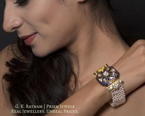 18k Gold and Diamond Polki Bracelet with Blue Meenakari and mat-like pearl stringing - gold diamond polki kundan meena jadau jewellery