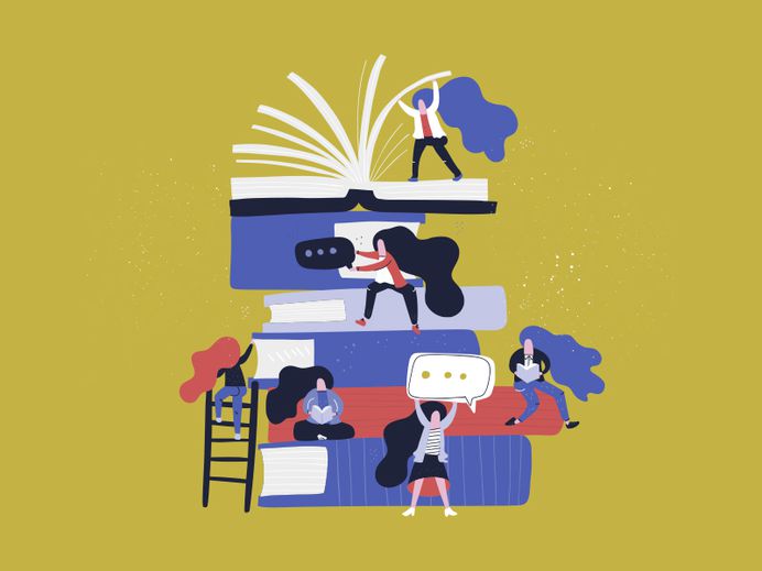 Reading concept handdrawn vector event book people big giant no face flat character hand drawn illustration
