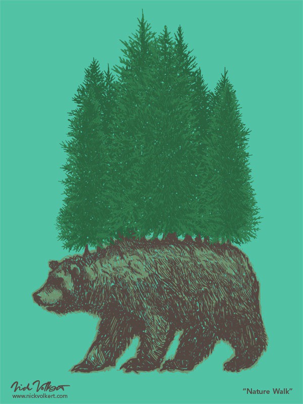 A large grizzly bear lumbers though a pine forest. #nature #bear #grizzlybear #pine #forest #illustration