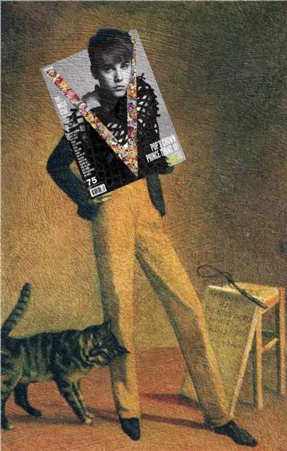 Magazine cover and classical painting - The King of Swag. Justin Bieber, V Magazine February 2012 + The King of Cats by Balthus