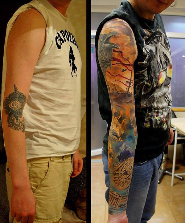 In this, the previous tattoo is based right in the middle of the arm, in the elbow section. Covering it up would require a bigger tattoo but