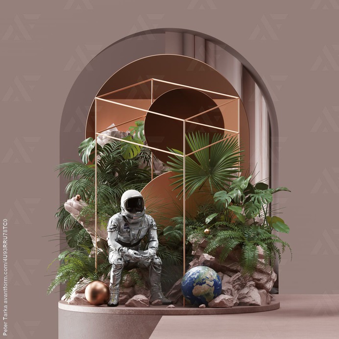 ... astronaut rocks plants trees frame ball globe green grey black petertarka c4d cinema4d 3d render set setdesign nasa palm space