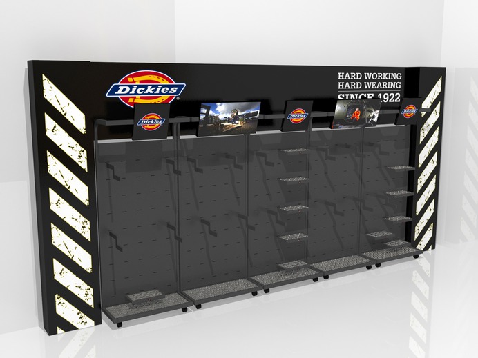 This is a close up of a bay display minus the products by clearly displaying the Dickies branding.