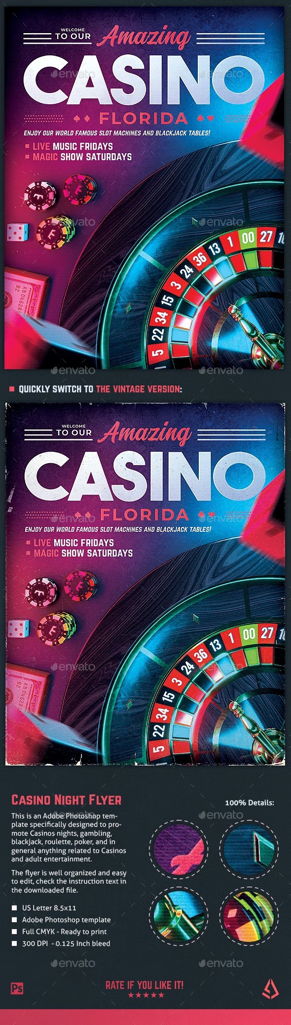 DOWNLOAD:
https://graphicriver.net/item/casino-night-flyer-roulette-royale-template/37948859

This is a Casino Night flyer template specifically created to promote casino parties, poker parties, roulette wheel, poker nights, blackjack, table games, roulette royale, gambling games like Texas Hold Em and anything else related to a casino party night.