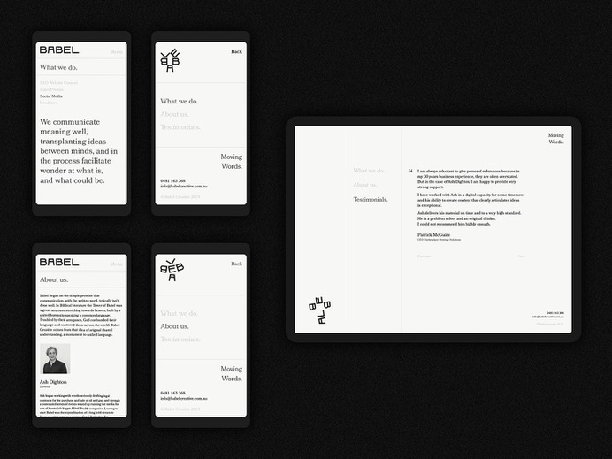 Babel Branding - Mindsparkle Mag DSR Branding designed the branding for Babel – a studio specialising in creative writing. By "Moving Words" babel help their clients communicate with greater conviction. #logo #packaging #identity #branding #design #color #photography #graphic #design #gallery #blog #project #mindsparkle #mag #beautiful #portfolio #designer