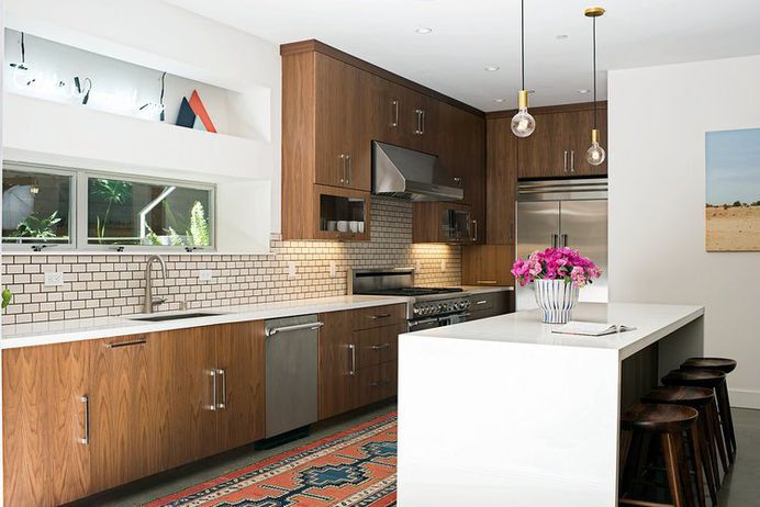 Kitchen, Ceiling Lighting, Wood Cabinet, Pendant Lighting, and Subway Tile Backsplashe Photo 1 of 2509 in Best Kitchen Photos from Casual Hip Marin County