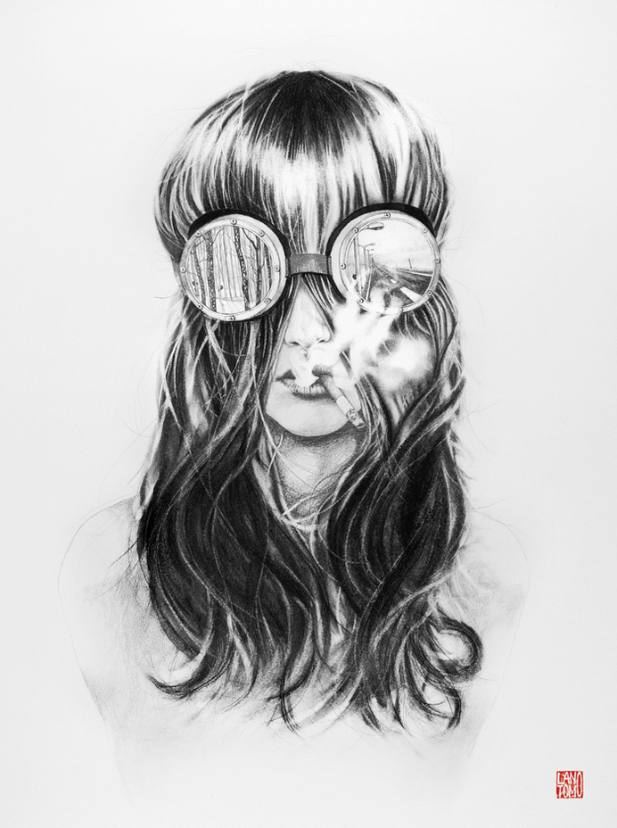 13.11 YOU ARE CRAZY RED #black and white #illustration #art #design #hair #googles #smoke #beauty #conceal