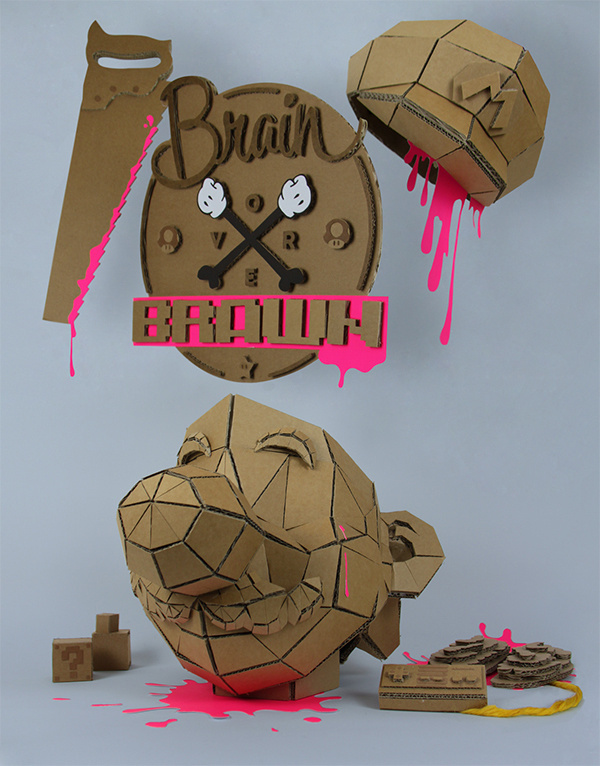 Brain over brawn by Munye&Co Studio #cardboard #illustration #studio #paper #font #mario #tipography #geometric #craft #type #face #blood #munyeco #kill #papercraft #munye&co #nintendo #brain #pixel #hat #bross