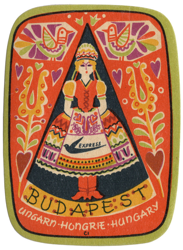 scanzen:Budapest, Ungarn, Hongrie, Hungary. Express Travel Agency. Travel sticker, c1960. #illustration #folk #budapest #hungary