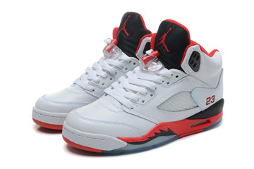 Female Michael Jordan 5 GS "Fire Red " White Fire Red Black Nike Shoe #shoes