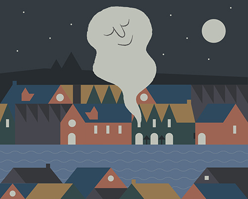 Night #happy #town #sleep #night #illustration #hotel #river #village #drawing