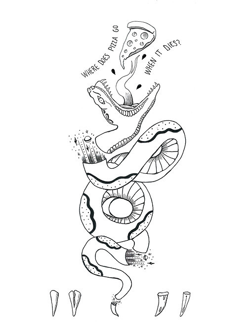 Where does pizza go when it dies? #universe #snake #illustration #pizza #bw
