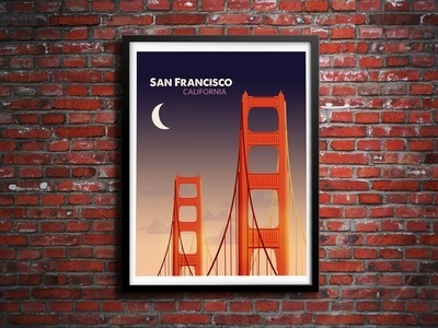 San Francisco Night #brick #vector #city #san #night #gate #illustration #wall #golden #poster #skyline #francisco #bridge #california