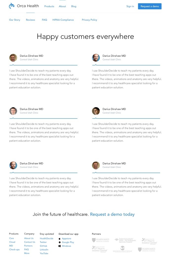 Orca Health Testimonials #flat #cleat #review #website #testimonial #blue #minimalist #web