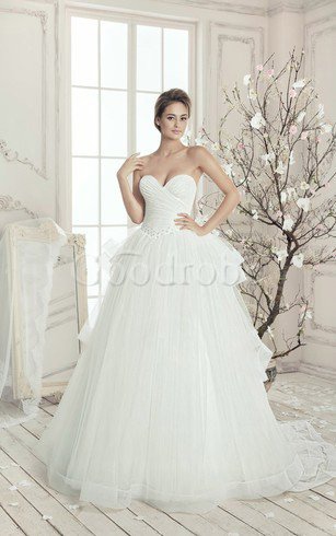 Robe de mariée naturel de traîne moyenne en tulle de lotus de col en cœur
