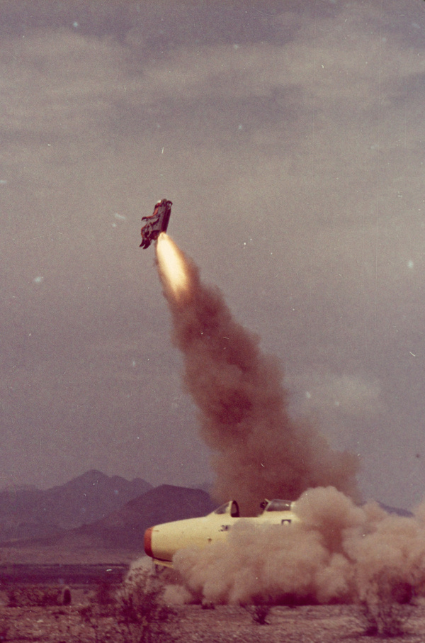 Dummy pilot and seat soar, as engineers test a catapult escape system in Arizona, March 1963.Photograph by Robert Sisson, National Geographi #military #nat #rocket #vintage #film #geo
