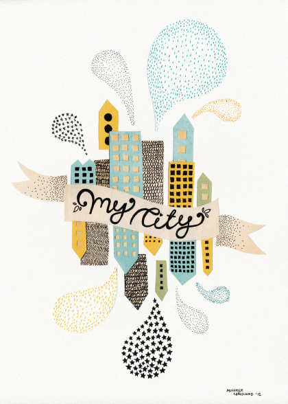 Michelle Carlslund illustration My City White #banner #white #city #yellow #illustration #poster #blue #light