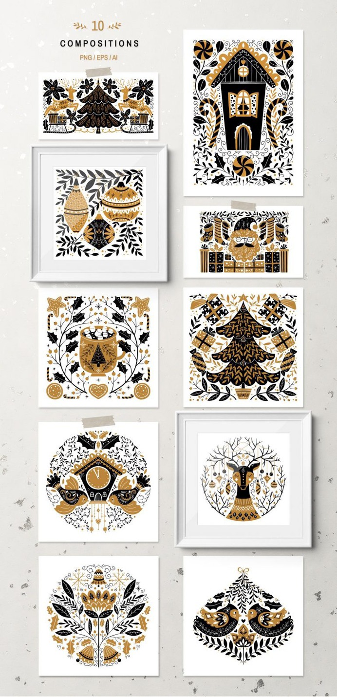 Gold Christmas Folk Art collection ~ Illustrations