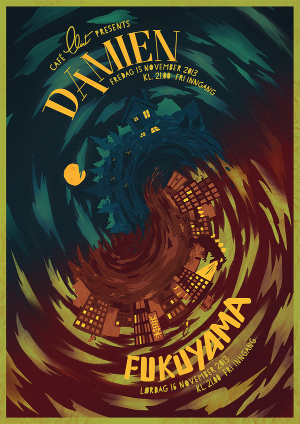 Gig poster for a Damien/Fukuyama concert at Café Clint #tornado #swirl #gig #spiral #illustration #painting #poster