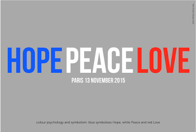 Hope Peace Love, poster, logo, Paris 13 November 2015, France, symbolism of colours, blue - white - red, Paul Vickers Design,