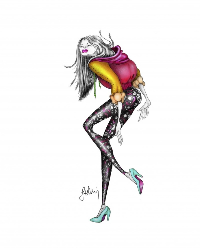 #fashionillustration #illustration #hoodie #model #girl #woman #pink #jacket #blue #yellow #colors #sketch #graphite #high #heels #pattern #