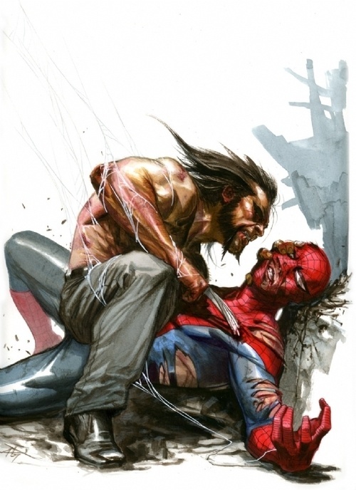 Wolverine vs. Spider Man by Gabriele Dell'Otto #claws #spider #wolverine #illustration #marvel #man #comics #web