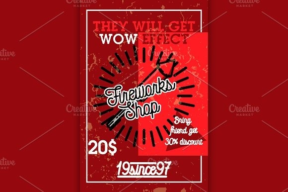 Color vintage fireworks shop banner - Illustrations