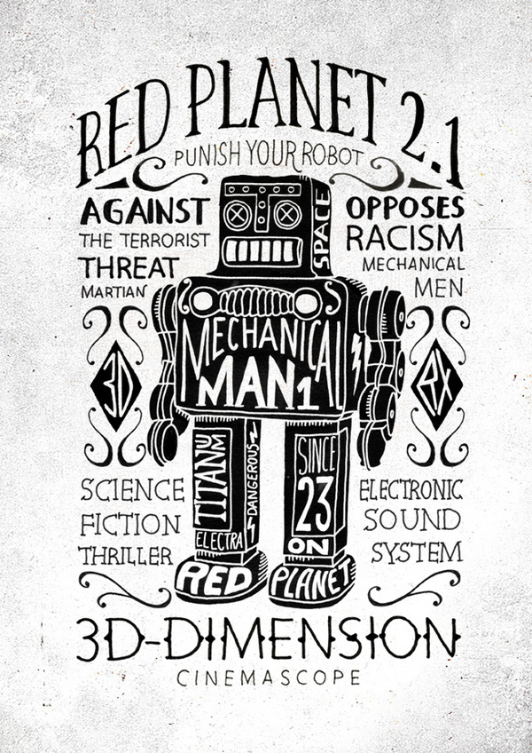 http://www.bmddesign.fr/planet_red/print2.jpg #lettering #robot #illustration #type #hand