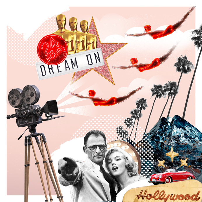 Collage illustrated Hollywood atmosphere, dreams, Merlin Monroe, Shining, neon lights