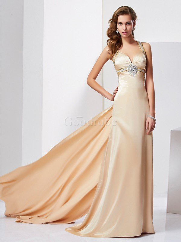Robe de bal naturel dénudé dos nu avec sans manches de fourreau