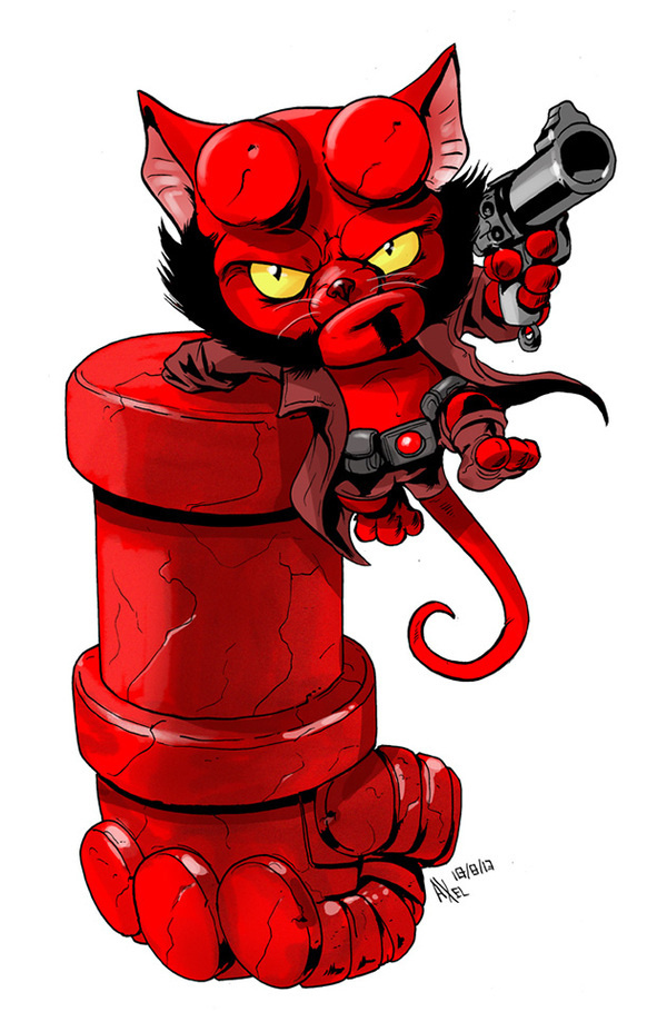Hellboy as a cat by Axel Medellin for The Line It Is Drawn #kitten #red #hellboy #cat #comic #illustration