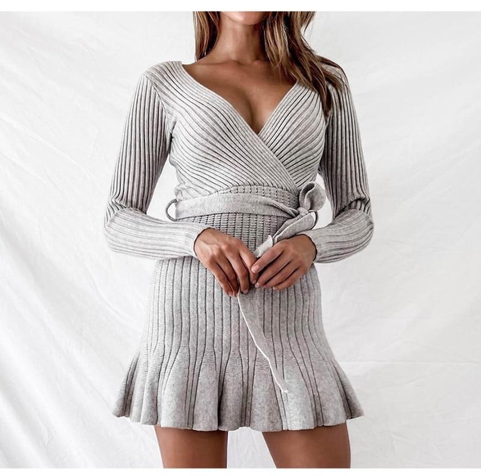 Sexy V Neck Knitted Ruffle Dress 2020 Women Winter Autumn Long Sleeve Gray Dress 2020 Waist Tie Knitwear Dress