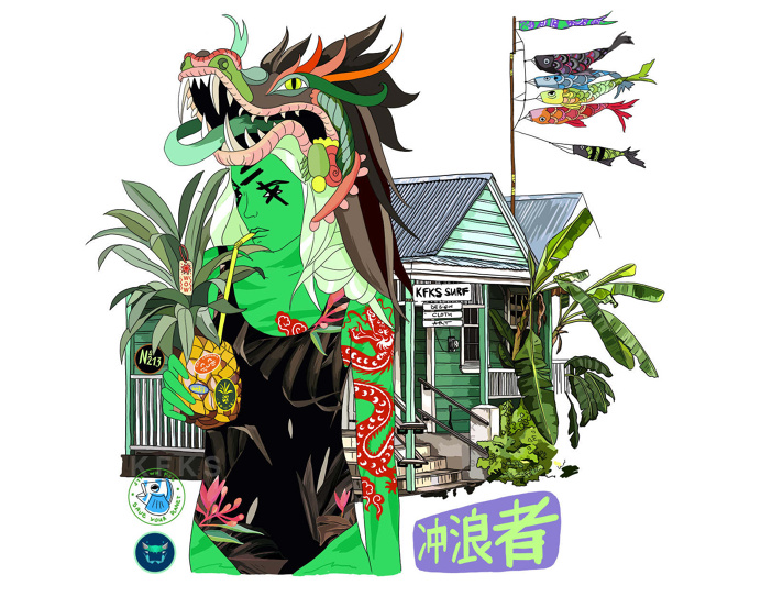 Waladli/ Leeward Islands girl. by Nastya KFKS. #illustration #art #linework #green #island #surf #kfksstore #kfkssurf #dragon