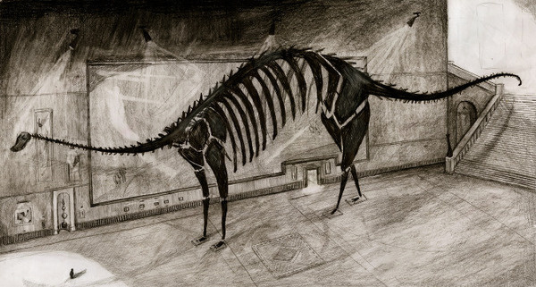 The Museum Joanne Young Illustration #museum #charcoal #fossils #dinosaurs #drawing #sketch