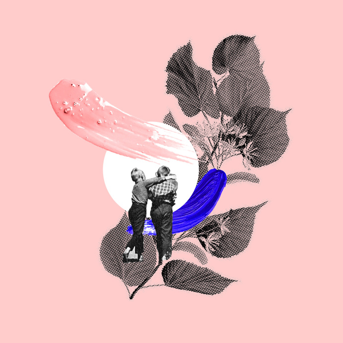 Arthur Remboe Collage Poem, friends, strokes, pink, blue