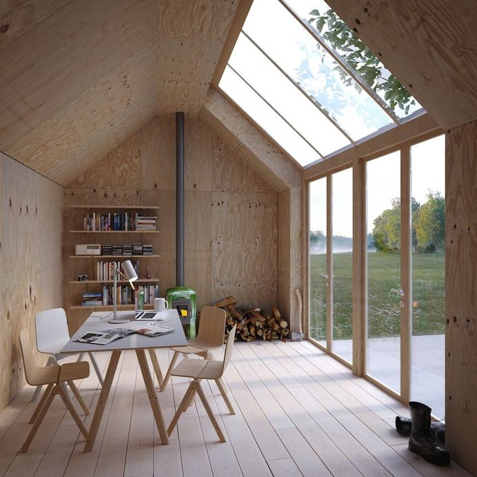 Ateljé 25 by Waldemarson Berglund Arkitekter__This archetypal Swedish building form, shaped like a Monopoly house, serves as an artist’s studio, with a simple plywood interior and massive skylights to let in natural sunlight. Photo 1 of 7 in How Much Could You Do with 270 Square Feet?