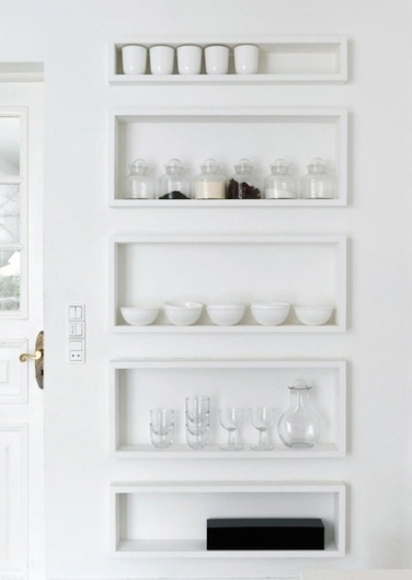Kitchen shelves #minimal #white #shelves #door #jars #bowls