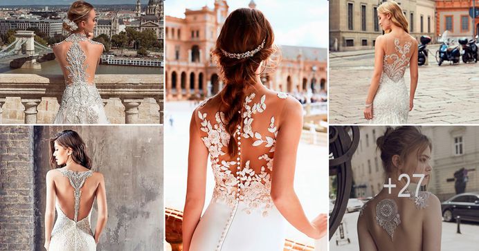 This modern wedding dress with tattoo effect style is defined by gorgeous backs where the tattoo look is a result of layering delicate lace and tulle to decorate your skin with most incredible patterns.