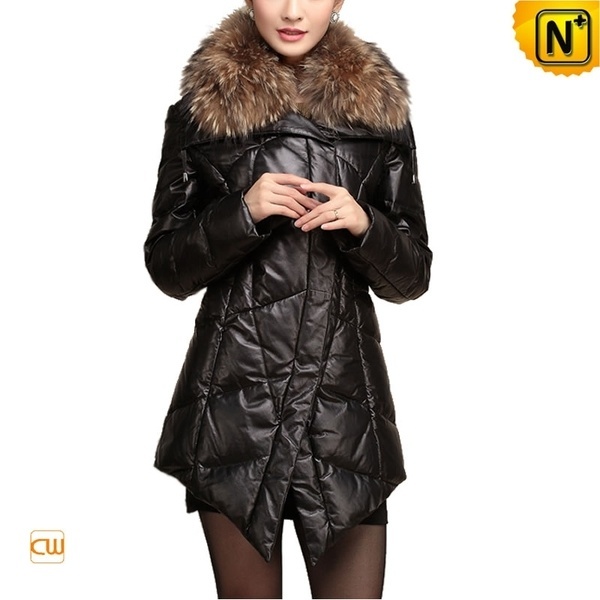 Women Leather Coat with Raccoon Fur Collar CW630126 #women #leather #coat