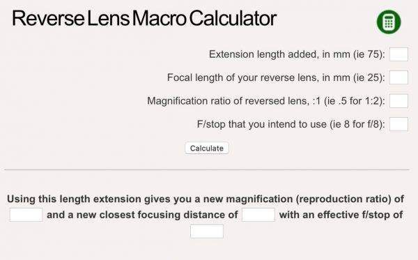 Reverse Lens for Macro Photography Calculator. #photoandtips #photographycalculator #photocalculator #weddingphotocalculator #photographercalculator #astrocalculator #macrocalculator #diffractioncalculator #depthoffieldcalculator #microcalculator #spotstarscalculator #timelapsecalculator #businesscalculator #milkywaycalculator #goldenhourcalculator #stackcalculator #closeupcalculator #reverselanscalculator #raynoxcalculator #moonexposurecalculator #sunsetcalculator #sunrisecalculator #studiocalculator #panoramacalculator #photographytips #photography101 #learnphotography #photographybasics
