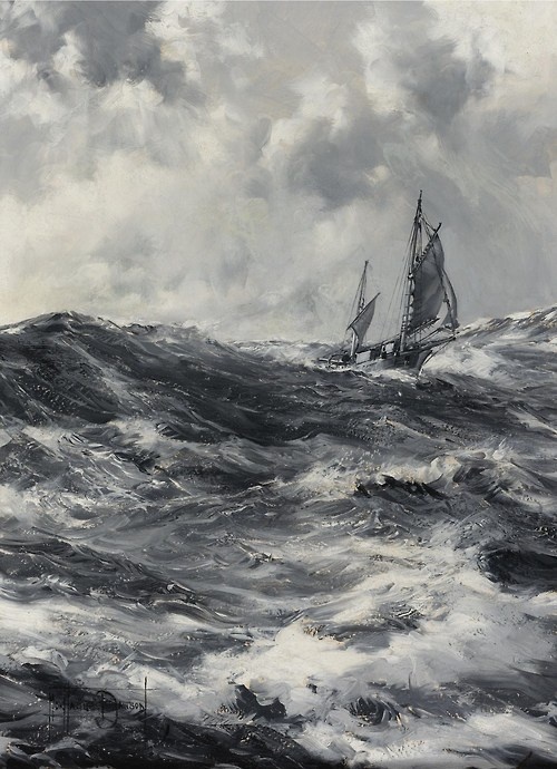 The Captain Slocum's Spray,Â Montague Dawson (c. 1950) #ocean #water #surf #wave #illustration #sea #boat #painting #sail