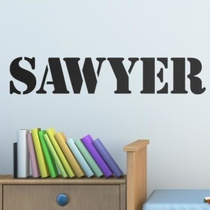 Custom name decal looks like a stencil. Great for a kid's bedroom, a dorm room, or a classroom. Wall decal from http://cozywallart.com #DIY
