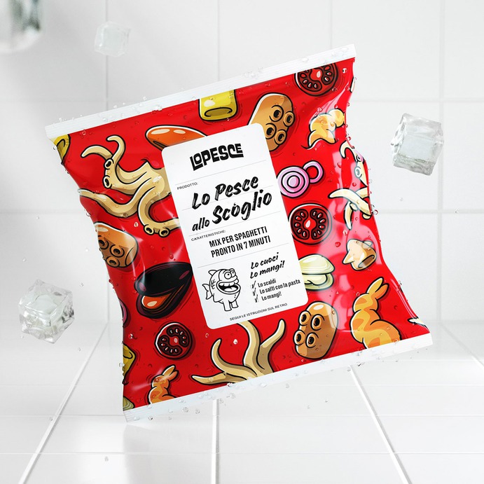 Lo Pesce Branding & Packaging - Mindsparkle Mag Lo Pesce, the main brand of Xilo Trade, breaks the mold of the communication of frozen food in Italy thanks to a funny visual identity, a bright palette and a packaging system which stands out in the refrigerator aisle of the grocery store. #logo #packaging #identity #branding #design #color #photography #graphic #design #gallery #blog #project #mindsparkle #mag #beautiful #portfolio #designer