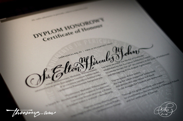 Calligraphi.ca Calligraphy on diploma for Elton John Indian ink, leonardt principal copperplate nib on printed certificate Theosone #script