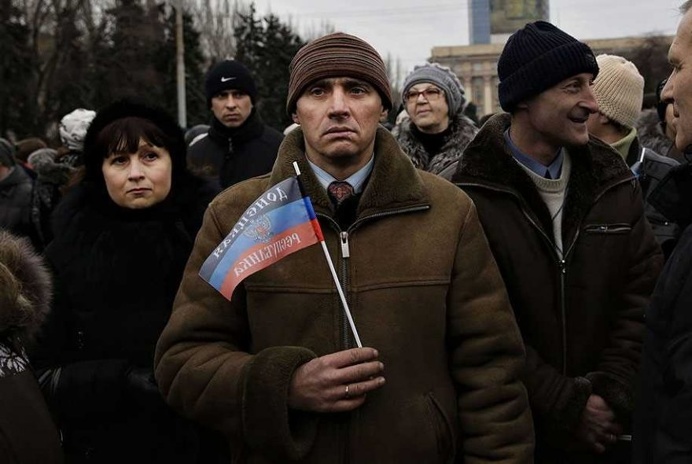 A man takes part in a Solidarity demonstration in central square of Donetsk