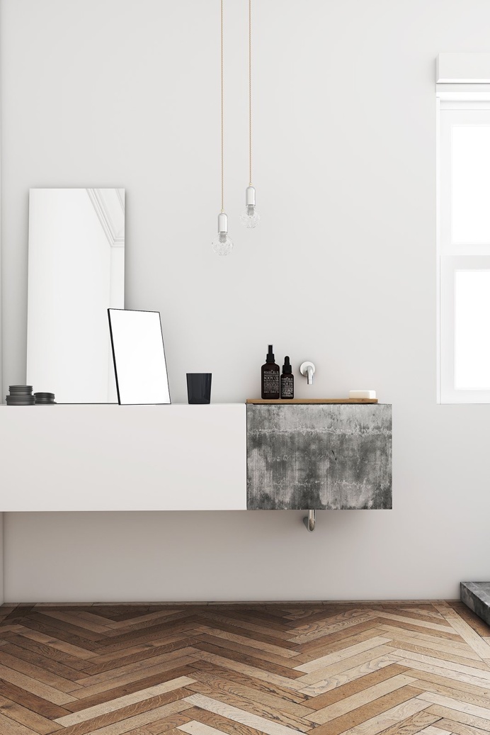 Bathroom with herringbone wood floor and concrete sink. Passeig de GrÃ cia by Katty Schiebeck. #bathroom #concrete #sink #herringbonefloor #