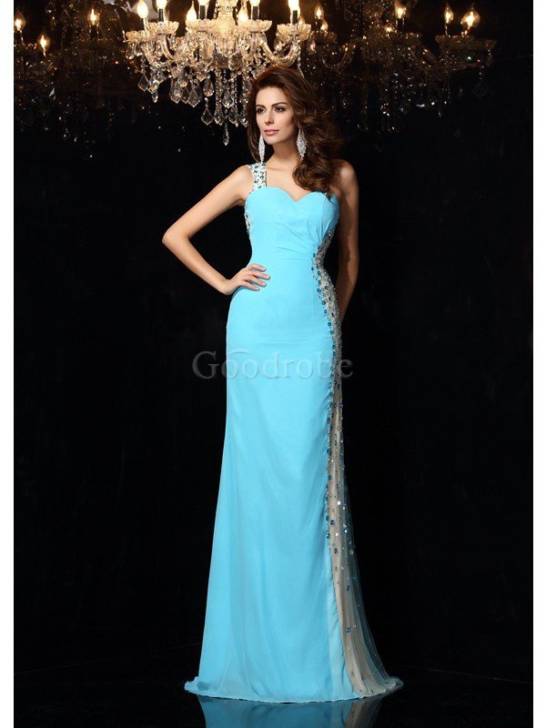 Robe de soirée d'épaule asymétrique avec sans manches jusqu'au sol avec chiffon gaine