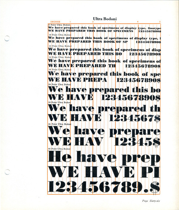 One can learn a lot about designing optical font sizes from a type specimen like this example of Ultra Bodoni. #type #specimen #font #typography