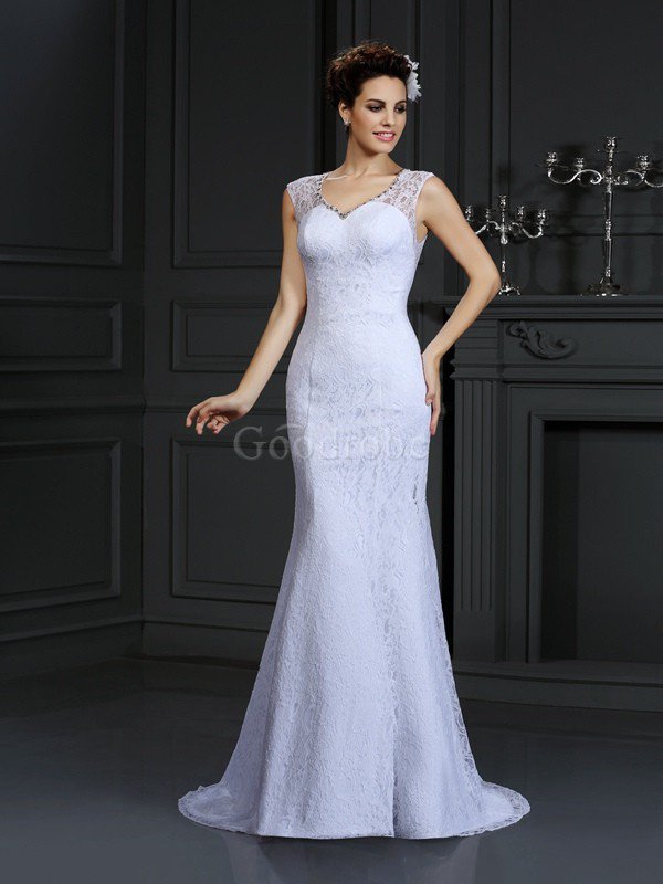 Robe de mariée naturel longue avec décoration dentelle v encolure manche nulle